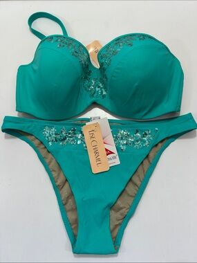Lise Charmel Teal Sequin Accent Top(34E) and Bottom(M) Swim Set NWT